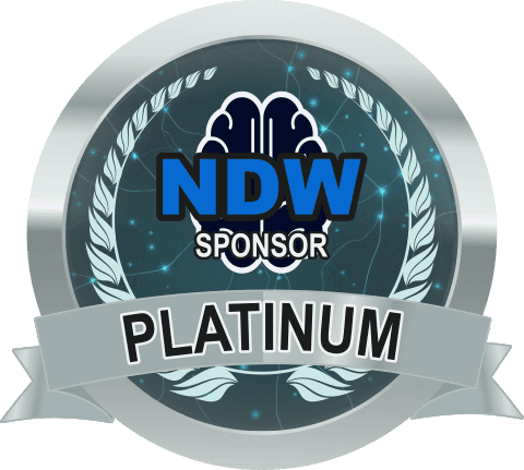 Platinum sponsor badge featuring NDW logo, digital brain, and laurel design.